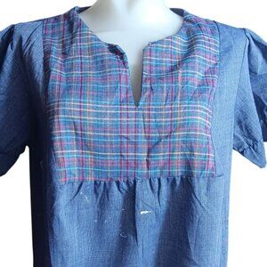 Medium Vintage 1970's Peasant Blouse Plaid Yoke Chambray Denim Tunic Puff Sleeve